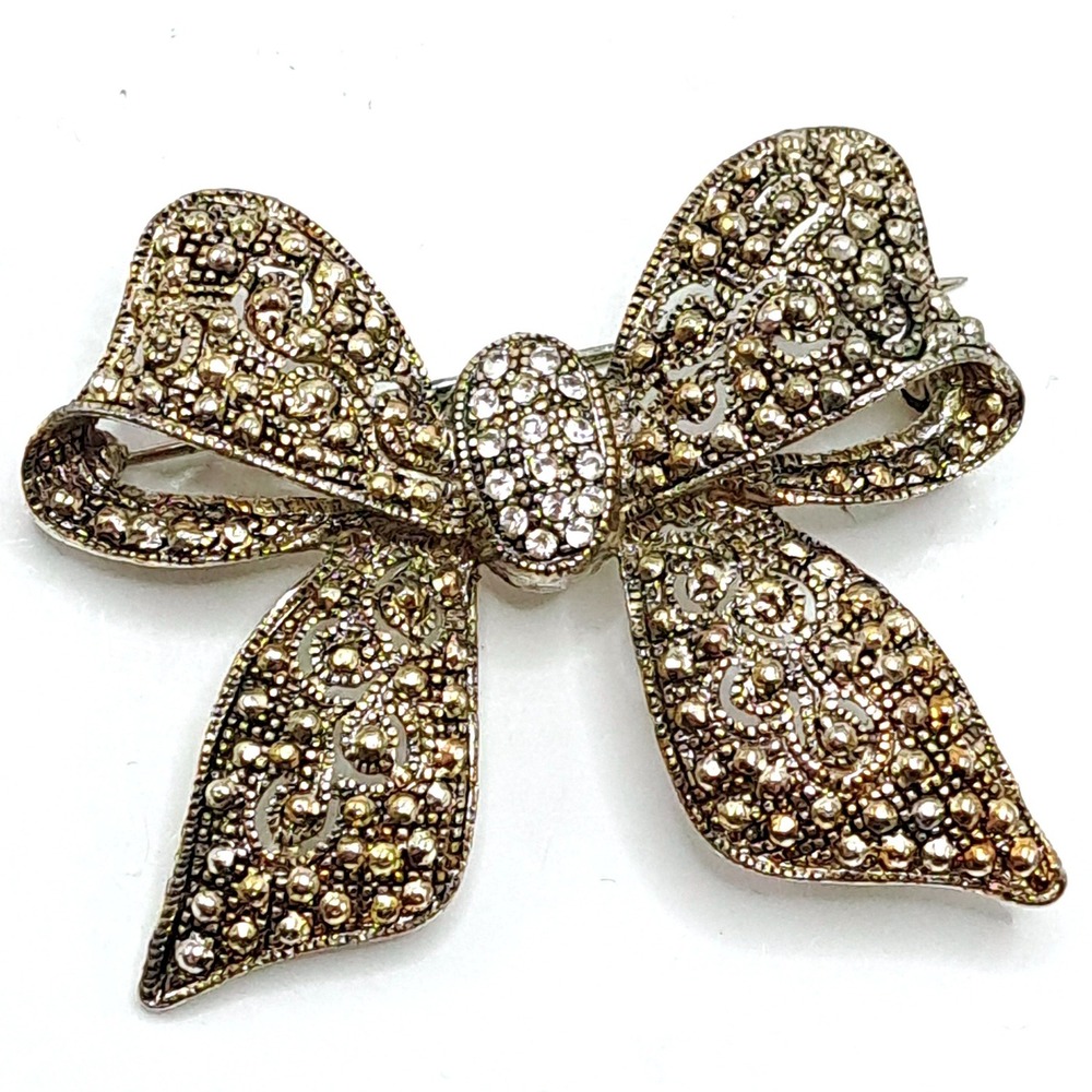 Vintage Silver Tone Bow‎ Brooch Marcasite Style Rhinestone Filigree Pin 2.5"